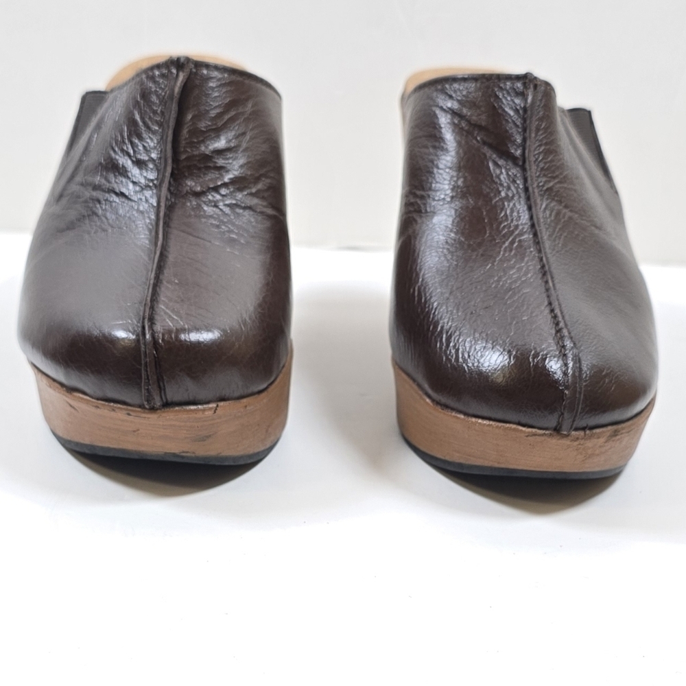 70s Retro Brown Sheepskin Leather Platform Clogs Mules Boho Retro Handmade Sz.6 - Picture 4 of 11